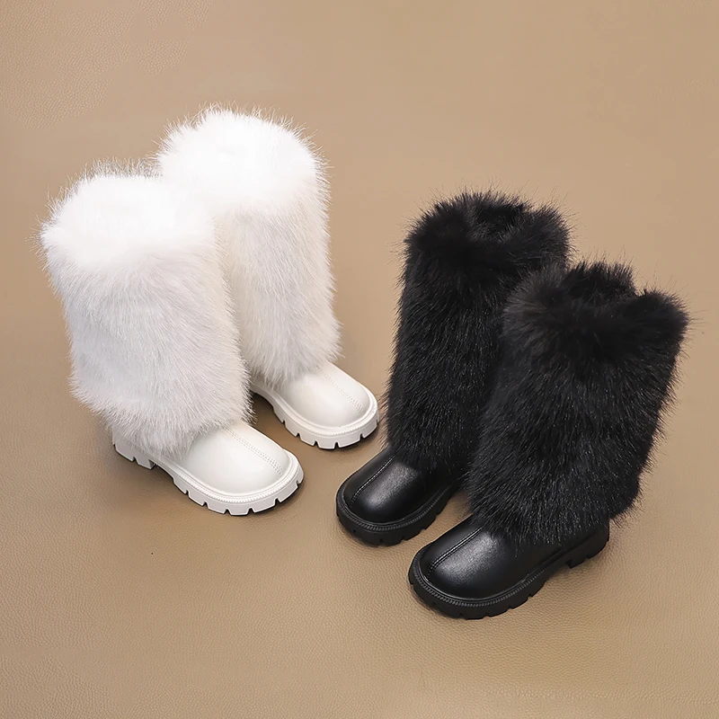 Girls High Boots Children Warm Princess Leather Boots Soft Soled Kids Fashion Long Boots Anti-Slippery All Match 2024 Winter New