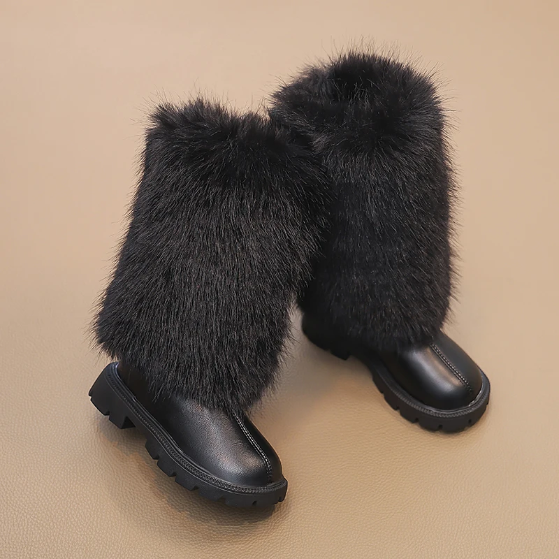 Girls High Boots Children Warm Princess Leather Boots Soft Soled Kids Fashion Long Boots Anti-Slippery All Match 2024 Winter New