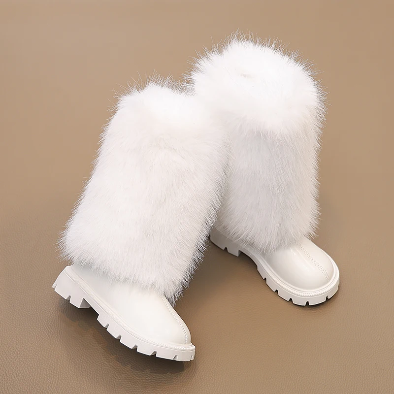 Girls High Boots Children Warm Princess Leather Boots Soft Soled Kids Fashion Long Boots Anti-Slippery All Match 2024 Winter New