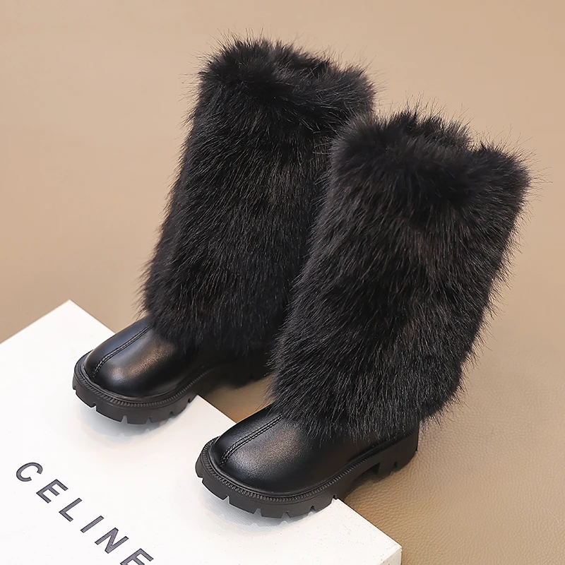 Girls High Boots Children Warm Princess Leather Boots Soft Soled Kids Fashion Long Boots Anti-Slippery All Match 2024 Winter New