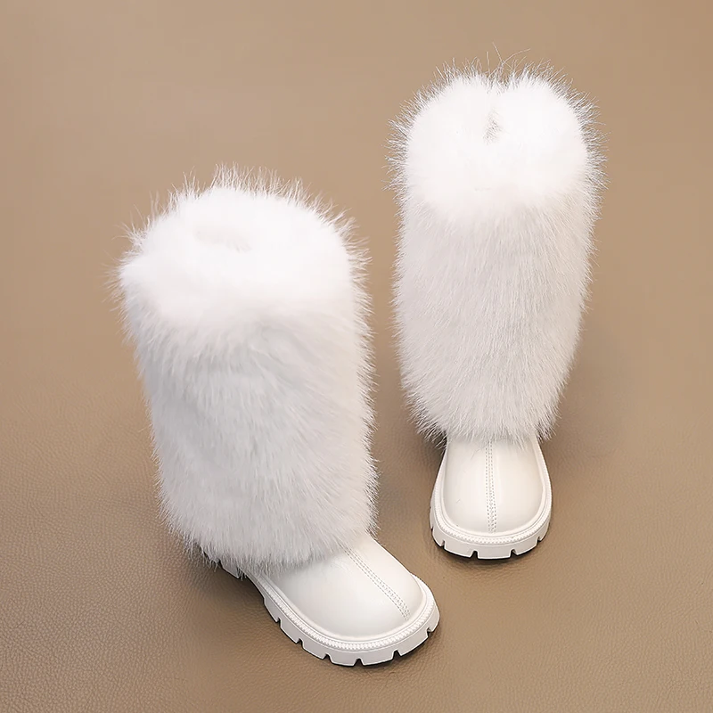 Girls High Boots Children Warm Princess Leather Boots Soft Soled Kids Fashion Long Boots Anti-Slippery All Match 2024 Winter New