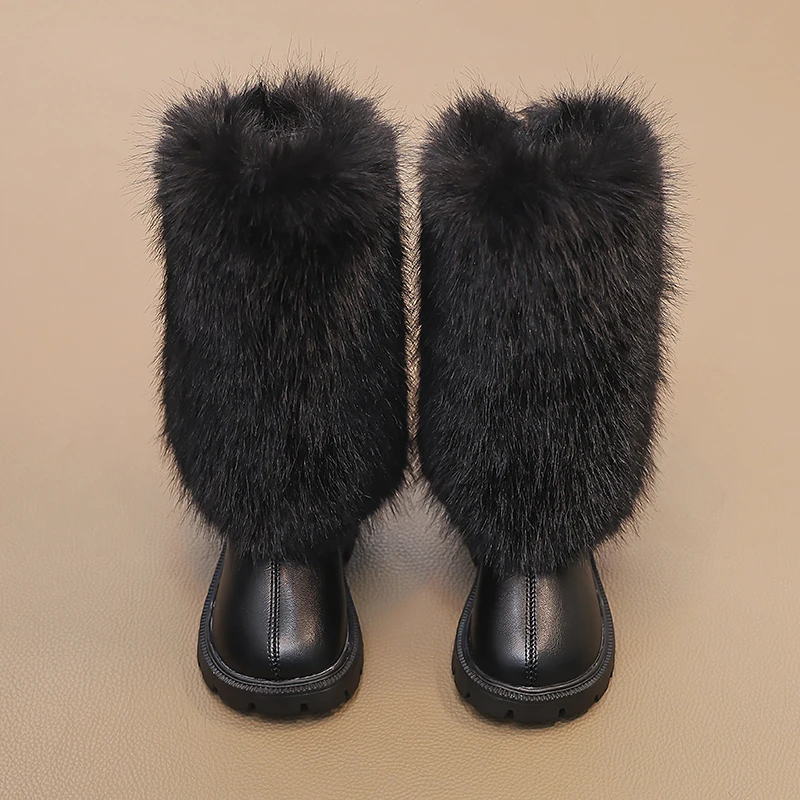 Girls High Boots Children Warm Princess Leather Boots Soft Soled Kids Fashion Long Boots Anti-Slippery All Match 2024 Winter New