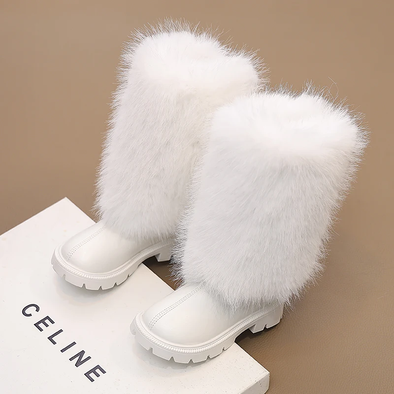 Girls High Boots Children Warm Princess Leather Boots Soft Soled Kids Fashion Long Boots Anti-Slippery All Match 2024 Winter New