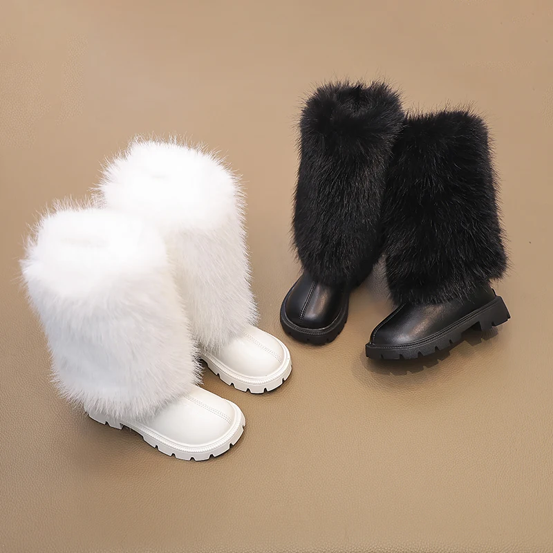 Girls High Boots Children Warm Princess Leather Boots Soft Soled Kids Fashion Long Boots Anti-Slippery All Match 2024 Winter New
