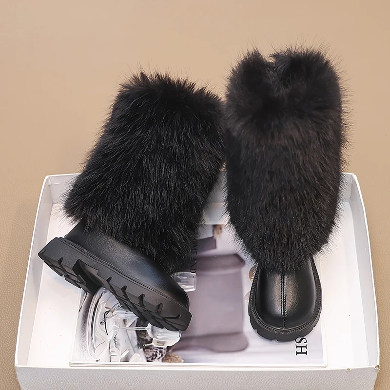 Girls High Boots Children Warm Princess Leather Boots Soft Soled Kids Fashion Long Boots Anti-Slippery All Match 2024 Winter New
