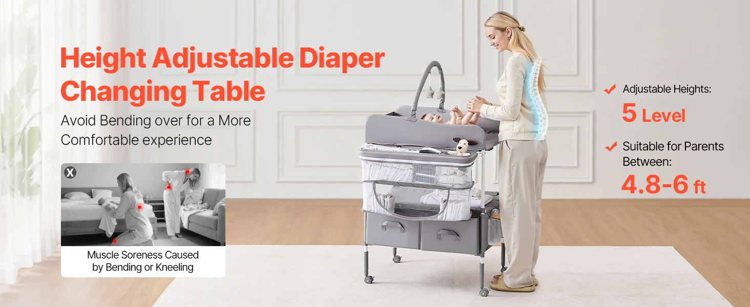 SucceBuy Baby Changing Table Foldable Diaper Change Station with 2 Fabric Drawers Side Basket & Hanging Rod Adjustable Height