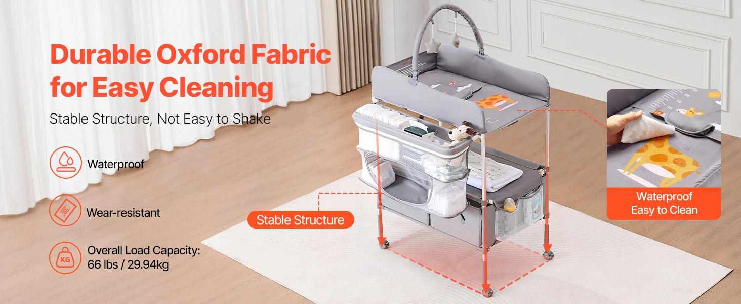SucceBuy Baby Changing Table Foldable Diaper Change Station with 2 Fabric Drawers Side Basket & Hanging Rod Adjustable Height