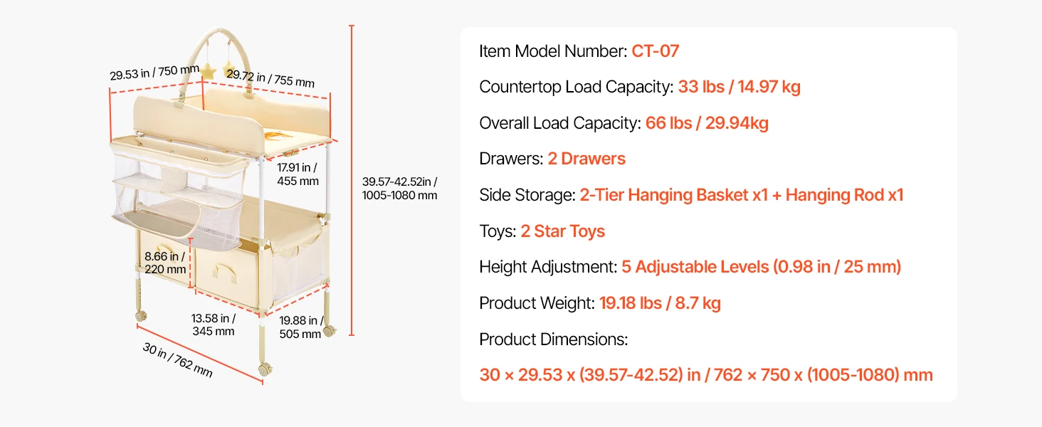 SucceBuy Baby Changing Table Foldable Diaper Change Station with 2 Fabric Drawers Side Basket & Hanging Rod Adjustable Height