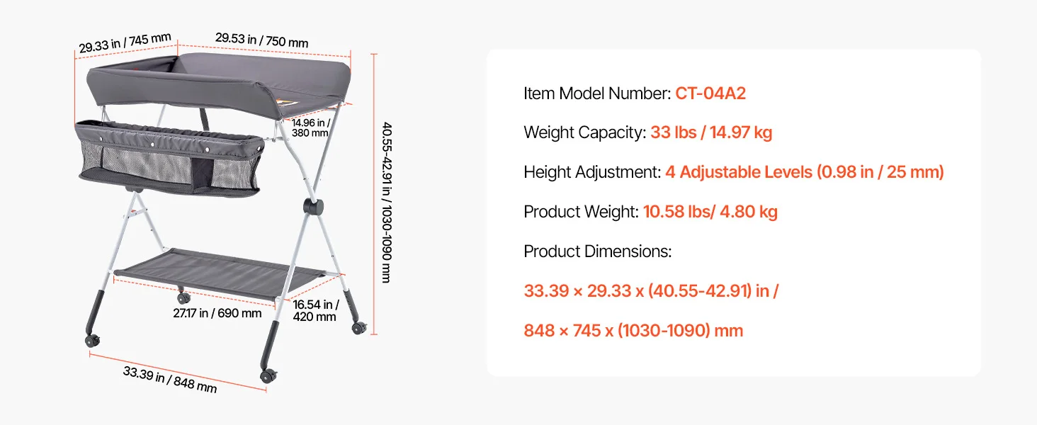 SucceBuy Baby Changing Table Foldable Diaper Change Station with 2 Fabric Drawers Side Basket & Hanging Rod Adjustable Height