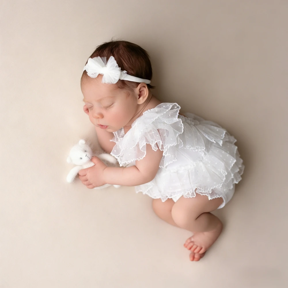 Baby Girl White Ruffle Romper Newborn Photography Props Bow Headband Tulle Layered Newborn Photo Prop