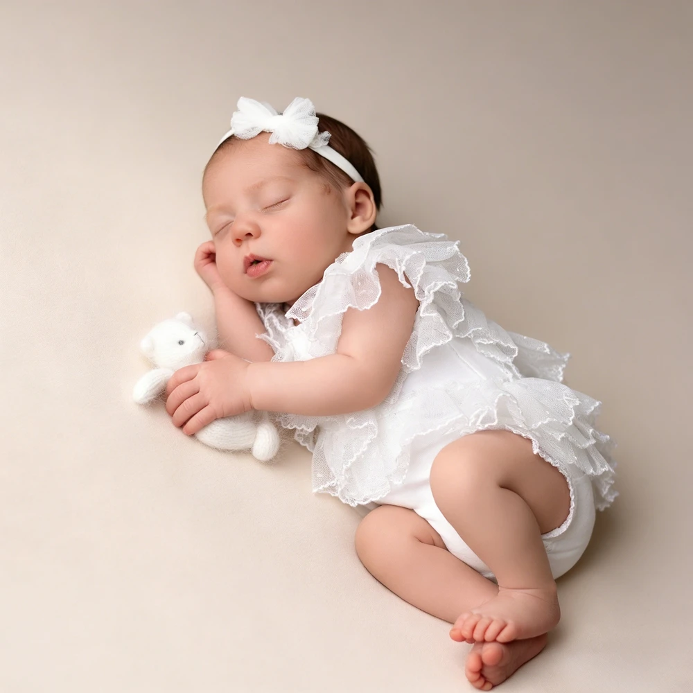 Baby Girl White Ruffle Romper Newborn Photography Props Bow Headband Tulle Layered Newborn Photo Prop