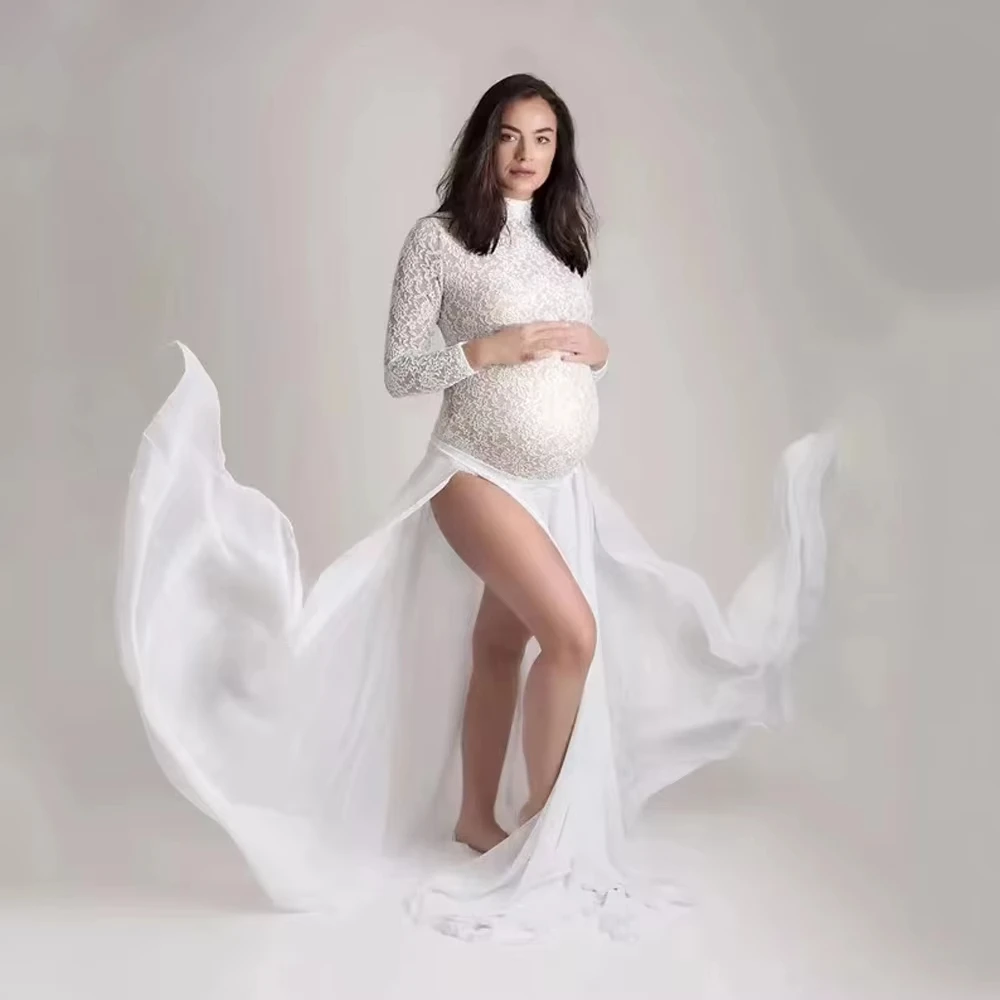 Boutique Maternity Lace Bodysuit with Removable Chiffon Skirt Gender Reveal Party Bump Friendly Maternity Dress for Photoshoot