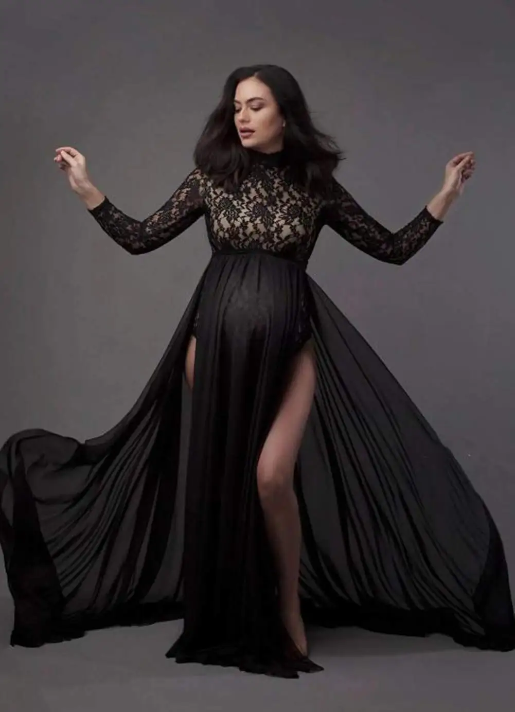 Boutique Maternity Lace Bodysuit with Removable Chiffon Skirt Gender Reveal Party Bump Friendly Maternity Dress for Photoshoot