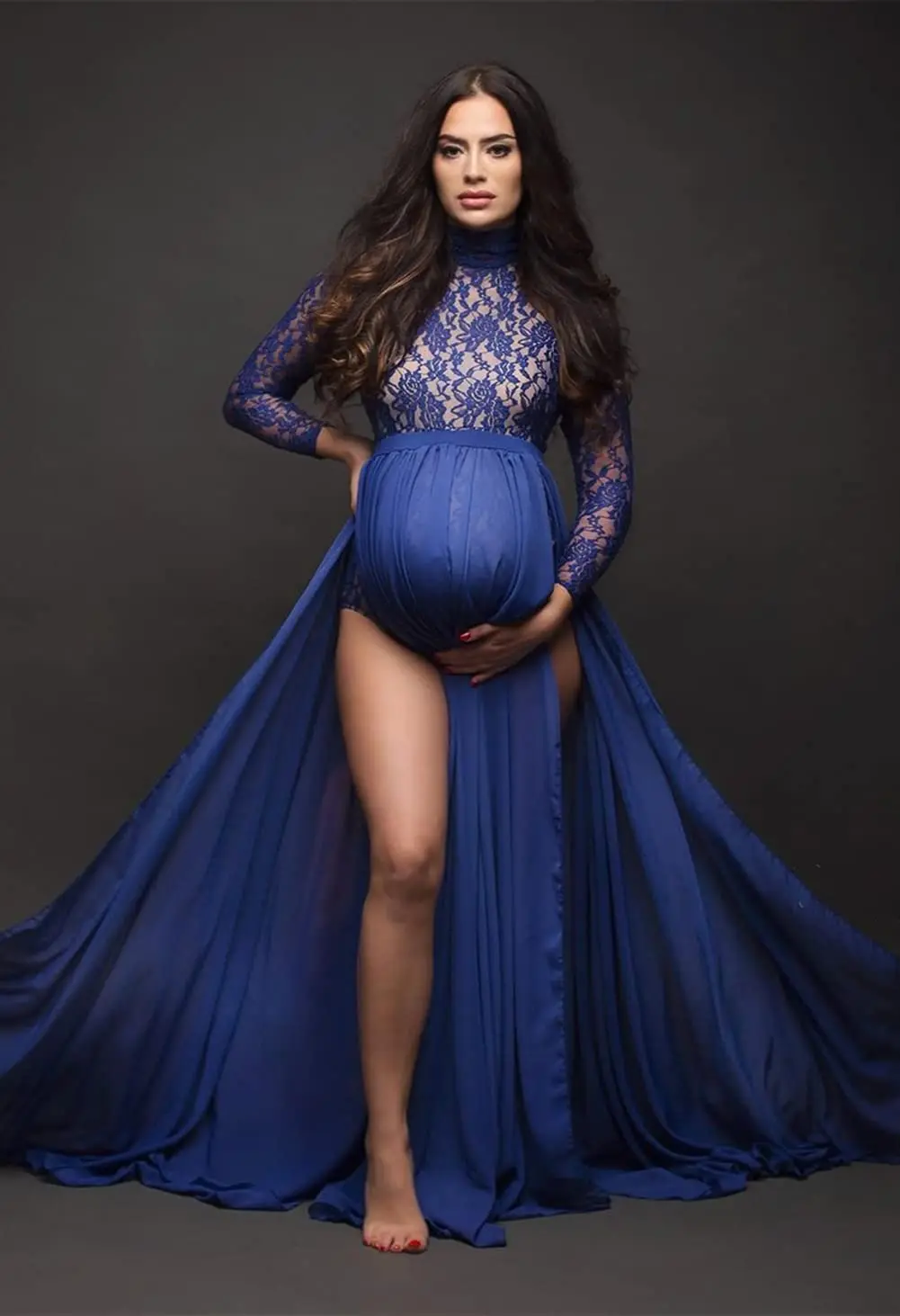 Boutique Maternity Lace Bodysuit with Removable Chiffon Skirt Gender Reveal Party Bump Friendly Maternity Dress for Photoshoot