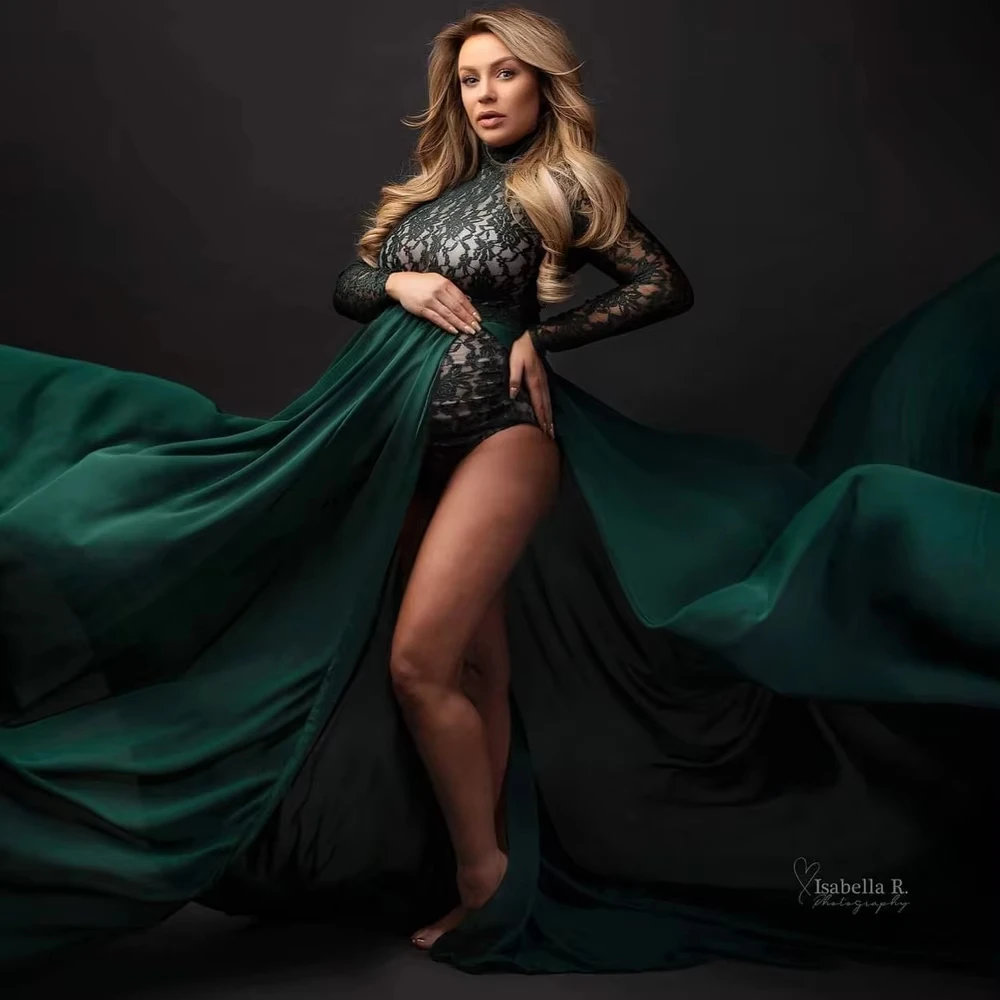 Boutique Maternity Lace Bodysuit with Removable Chiffon Skirt Gender Reveal Party Bump Friendly Maternity Dress for Photoshoot