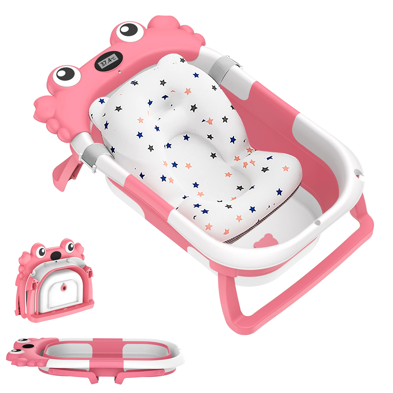 Foldable Baby Bathtub,Portable Infant Tub,Newborn Bath Tub with Thermometer,Crab Shape Baby Bath,Travel Baby Bathtub with Float