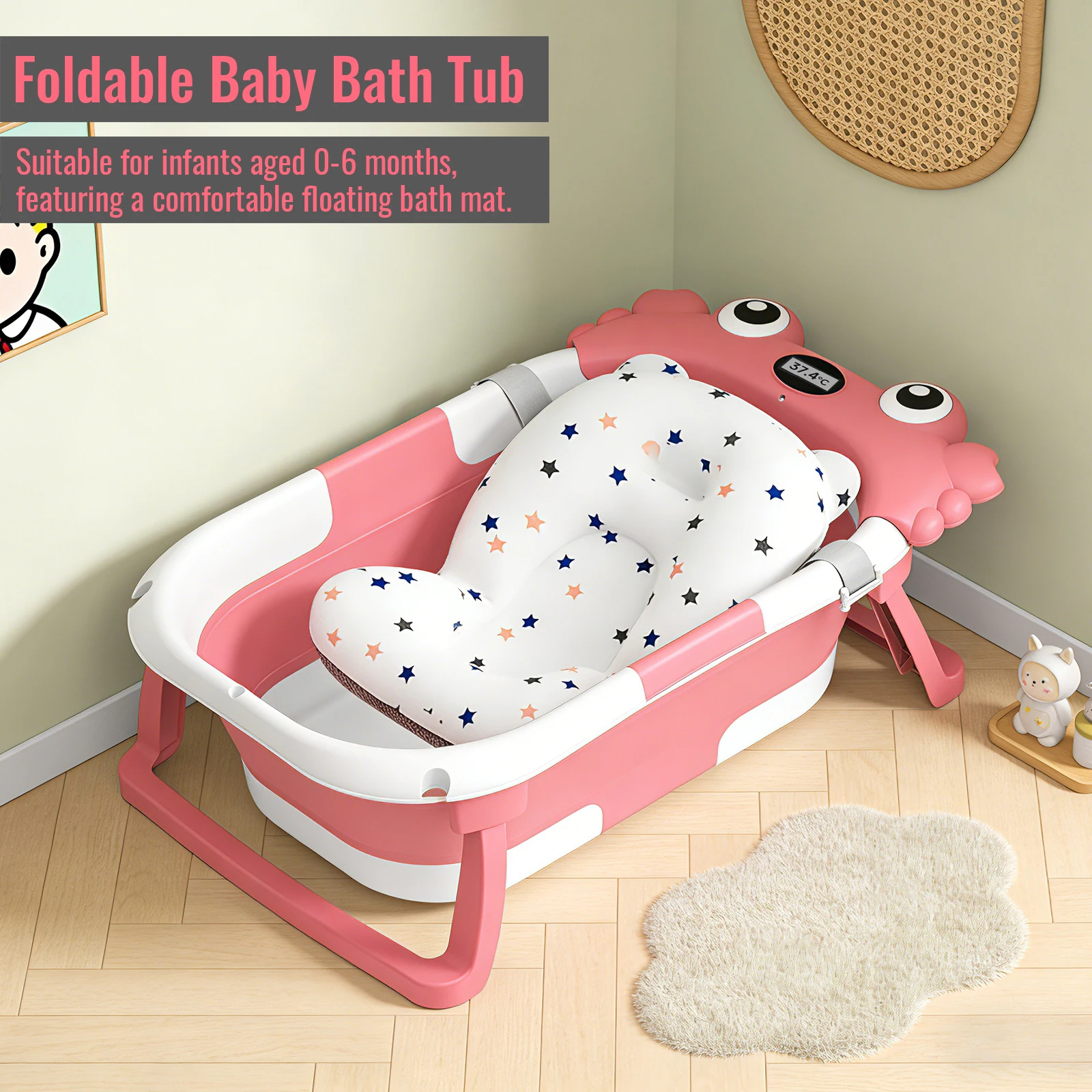 Foldable Baby Bathtub,Portable Infant Tub,Newborn Bath Tub with Thermometer,Crab Shape Baby Bath,Travel Baby Bathtub with Float