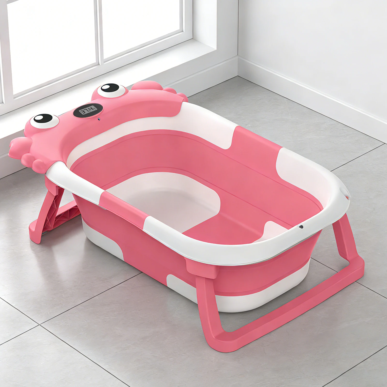 Foldable Baby Bathtub,Portable Infant Tub,Newborn Bath Tub with Thermometer,Crab Shape Baby Bath,Travel Baby Bathtub with Float