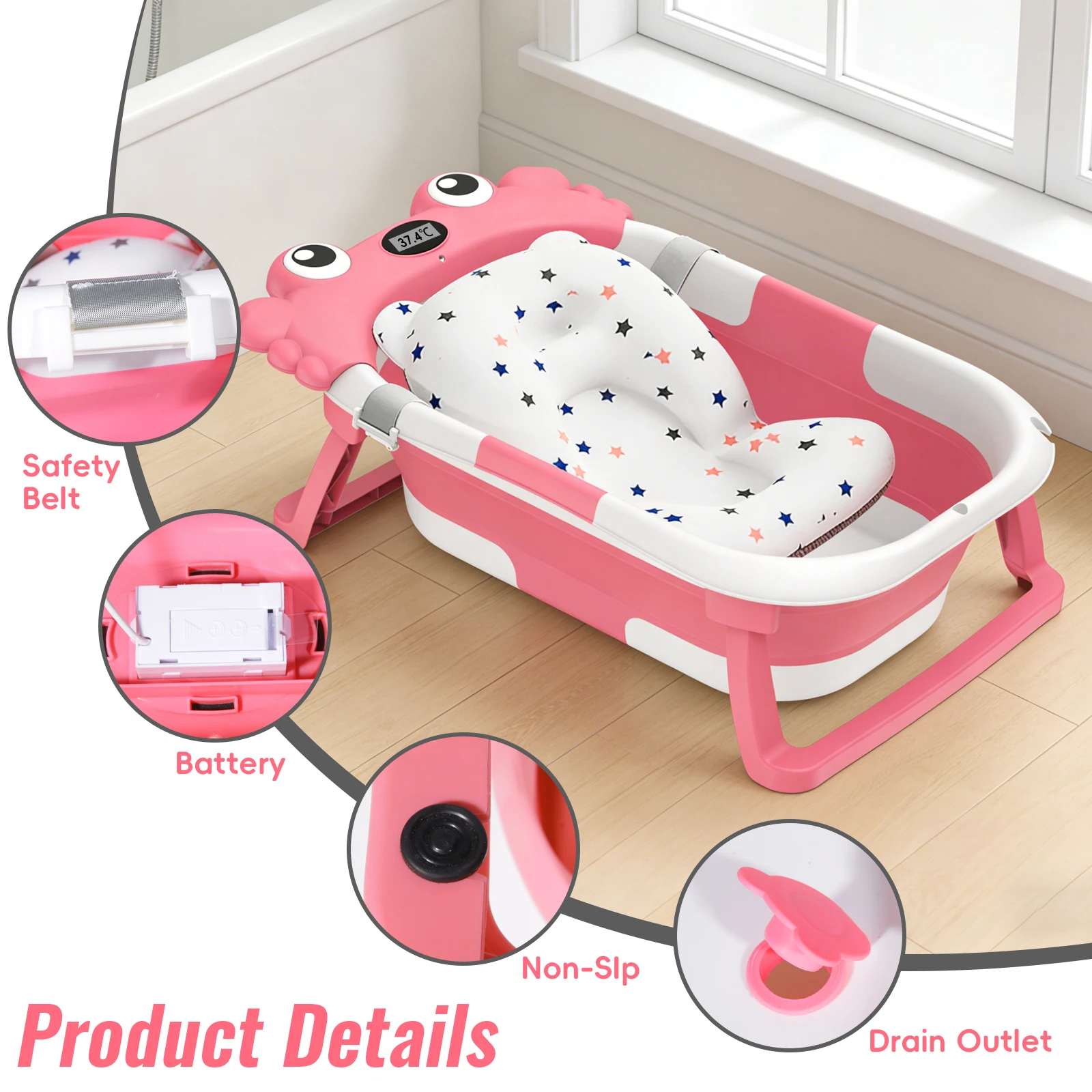 Foldable Baby Bathtub,Portable Infant Tub,Newborn Bath Tub with Thermometer,Crab Shape Baby Bath,Travel Baby Bathtub with Float
