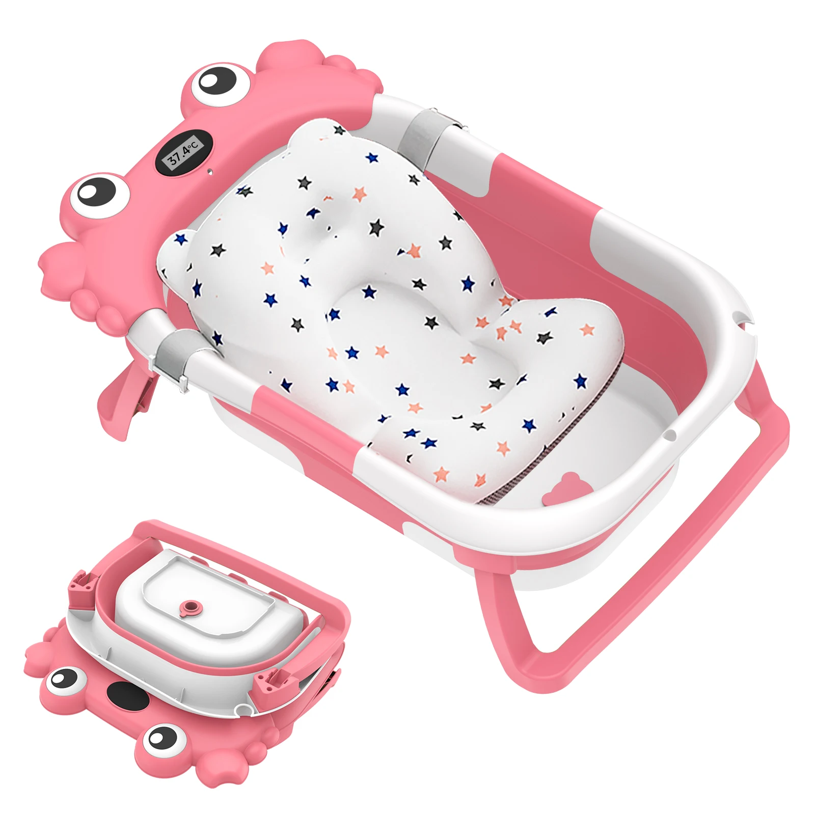 Foldable Baby Bathtub,Portable Infant Tub,Newborn Bath Tub with Thermometer,Crab Shape Baby Bath,Travel Baby Bathtub with Float