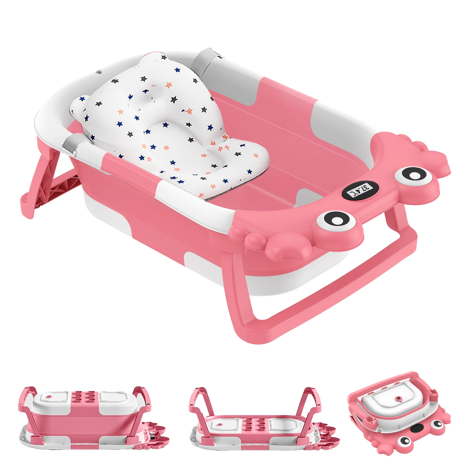 Foldable Baby Bathtub,Portable Infant Tub,Newborn Bath Tub with Thermometer,Crab Shape Baby Bath,Travel Baby Bathtub with Float