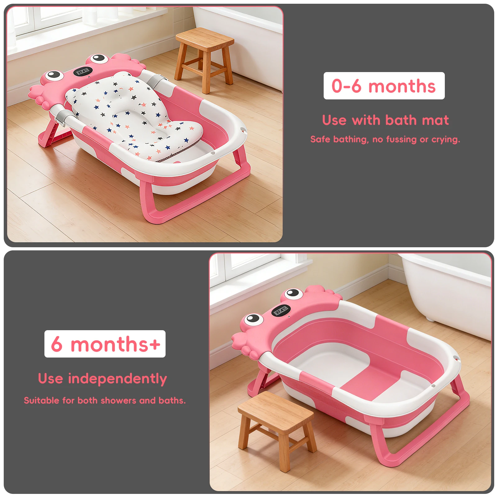 Foldable Baby Bathtub,Portable Infant Tub,Newborn Bath Tub with Thermometer,Crab Shape Baby Bath,Travel Baby Bathtub with Float
