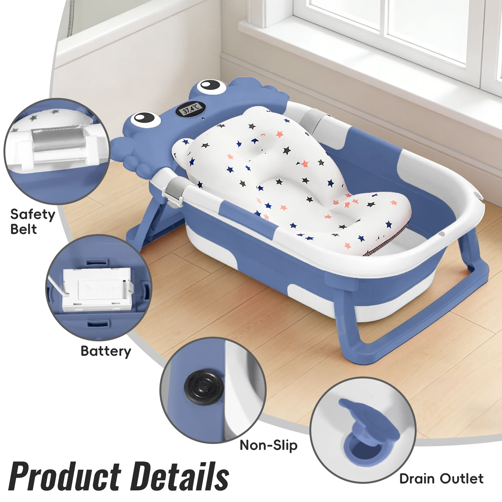 Foldable Baby Bathtub,Portable Infant Tub,Newborn Bath Tub with Thermometer,Crab Shape Baby Bath,Travel Baby Bathtub with Float