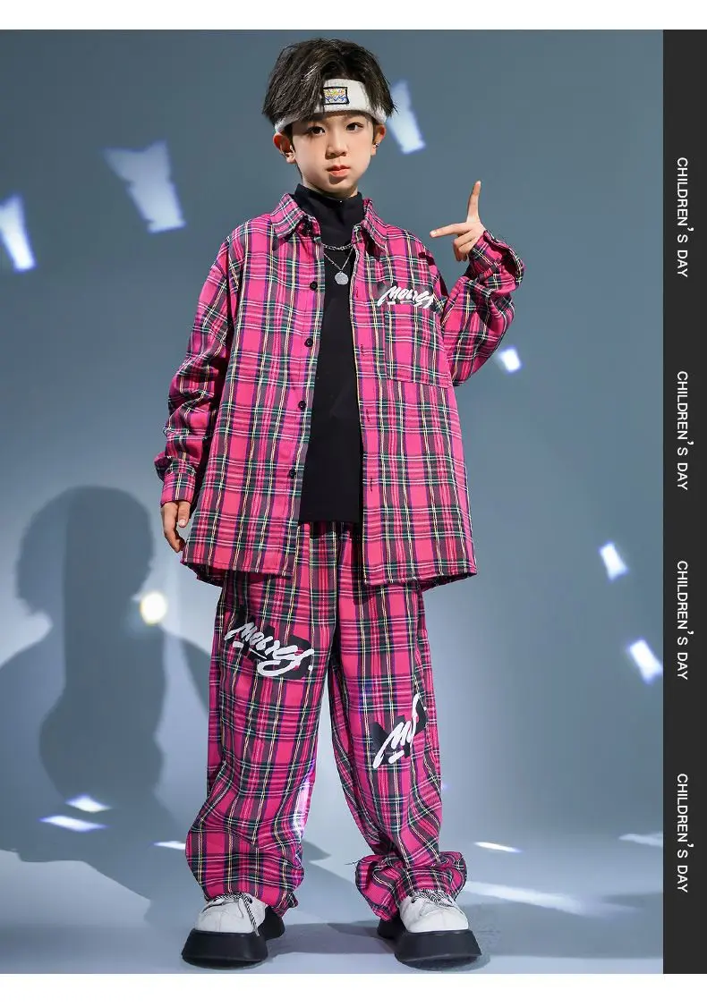 Kids Kpop Streetwear Ballroom Hip Hop Dance Costumes Rose Red Plaid Shirt Elastic Waist Pants Set Boys Jazz Performance Clothes