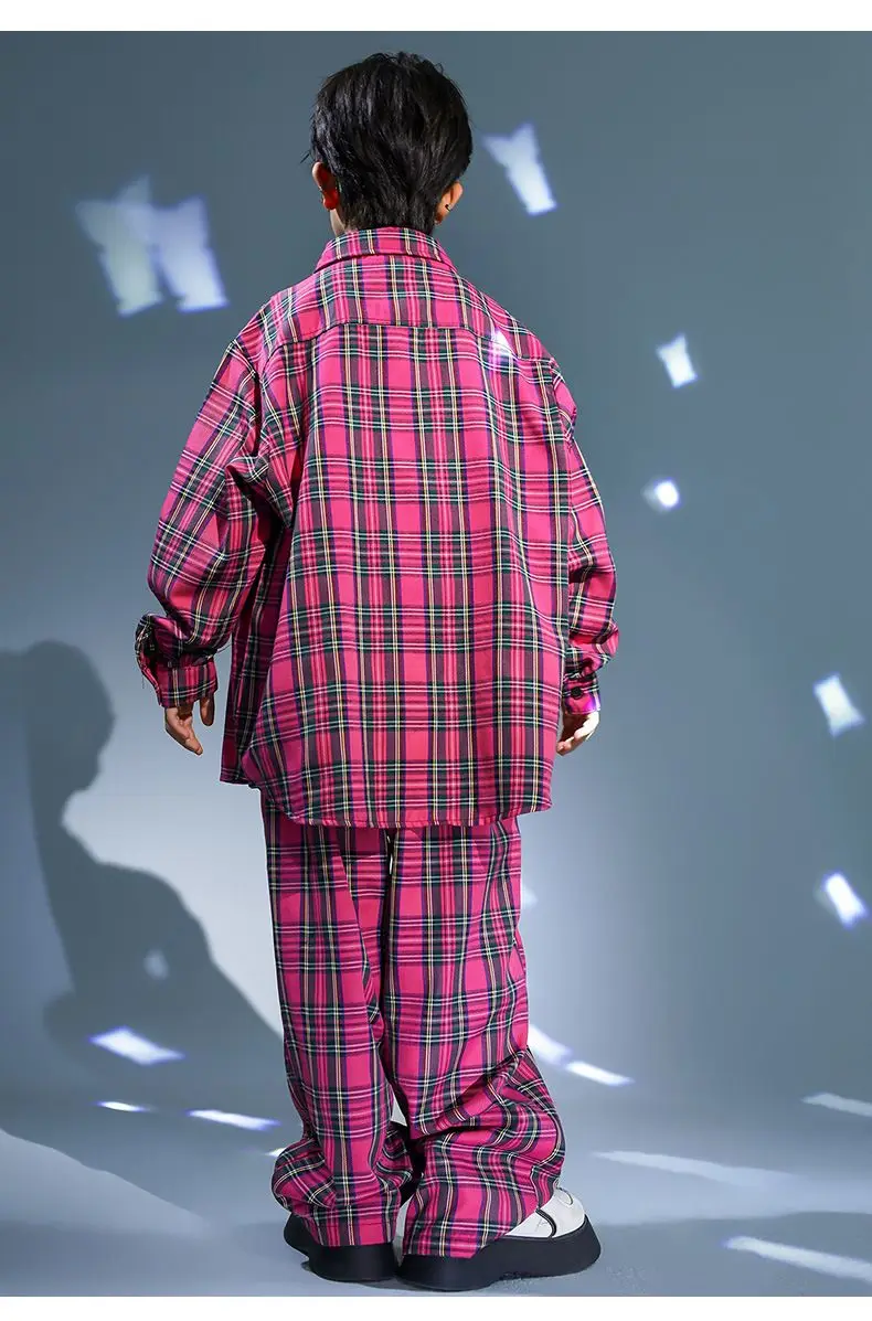 Kids Kpop Streetwear Ballroom Hip Hop Dance Costumes Rose Red Plaid Shirt Elastic Waist Pants Set Boys Jazz Performance Clothes