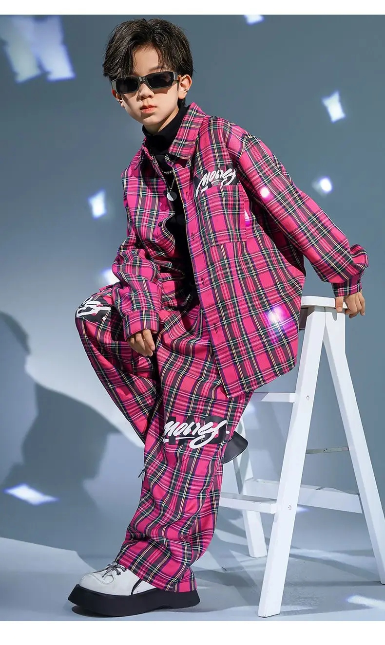 Kids Kpop Streetwear Ballroom Hip Hop Dance Costumes Rose Red Plaid Shirt Elastic Waist Pants Set Boys Jazz Performance Clothes