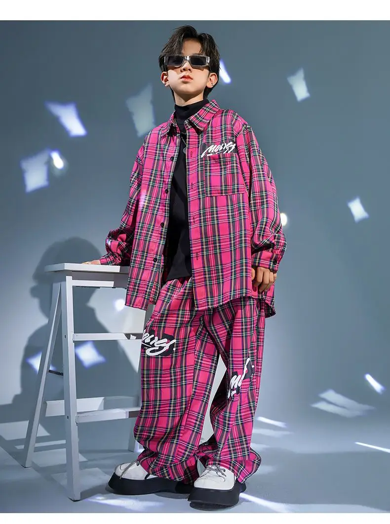 Kids Kpop Streetwear Ballroom Hip Hop Dance Costumes Rose Red Plaid Shirt Elastic Waist Pants Set Boys Jazz Performance Clothes
