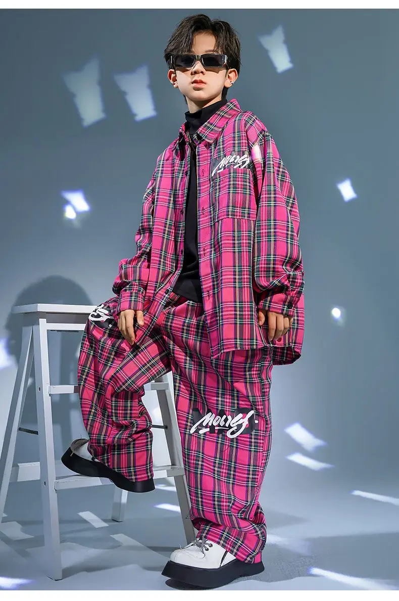 Kids Kpop Streetwear Ballroom Hip Hop Dance Costumes Rose Red Plaid Shirt Elastic Waist Pants Set Boys Jazz Performance Clothes