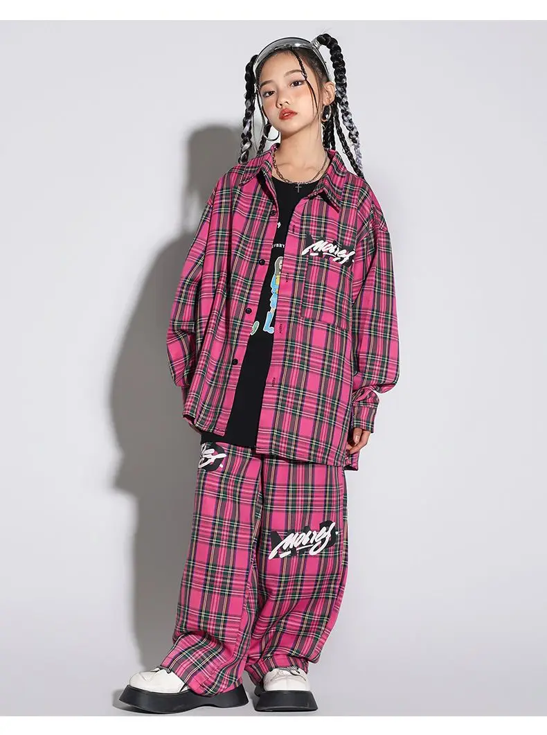 Kids Kpop Streetwear Ballroom Hip Hop Dance Costumes Rose Red Plaid Shirt Elastic Waist Pants Set Boys Jazz Performance Clothes