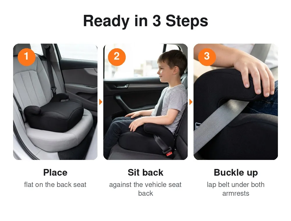Backless Booster Seat for Car, Big Kids 49-59 in Tall, Lightweight Portable Belt-Positioning Booster Cushion, Ages 7-12, Black