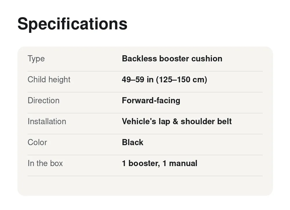 Backless Booster Seat for Car, Big Kids 49-59 in Tall, Lightweight Portable Belt-Positioning Booster Cushion, Ages 7-12, Black