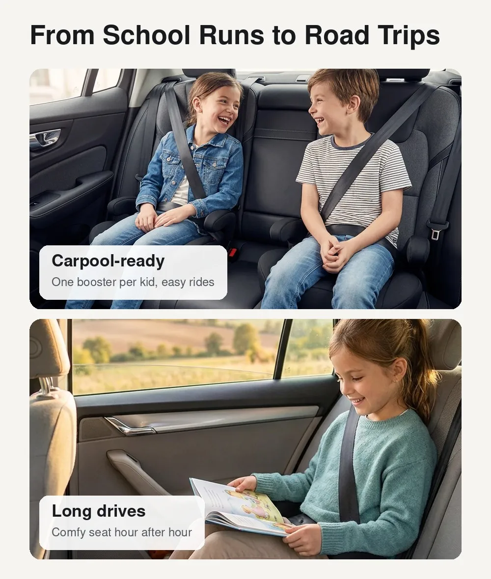 Backless Booster Seat for Car, Big Kids 49-59 in Tall, Lightweight Portable Belt-Positioning Booster Cushion, Ages 7-12, Black