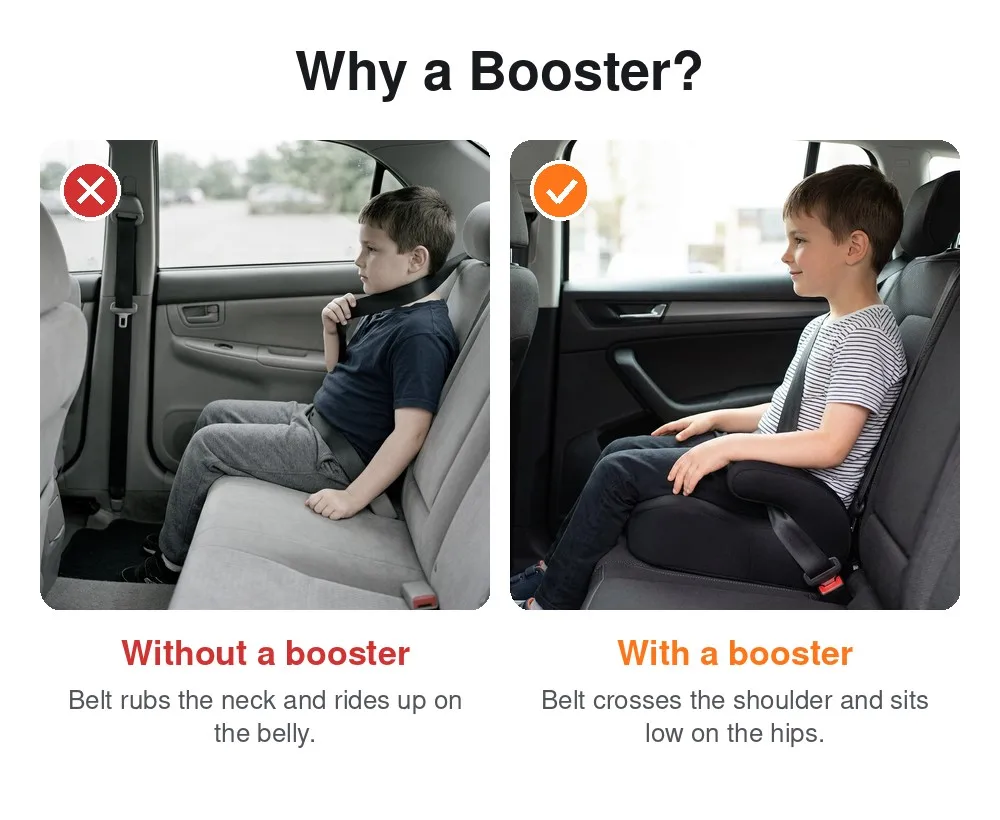 Backless Booster Seat for Car, Big Kids 49-59 in Tall, Lightweight Portable Belt-Positioning Booster Cushion, Ages 7-12, Black