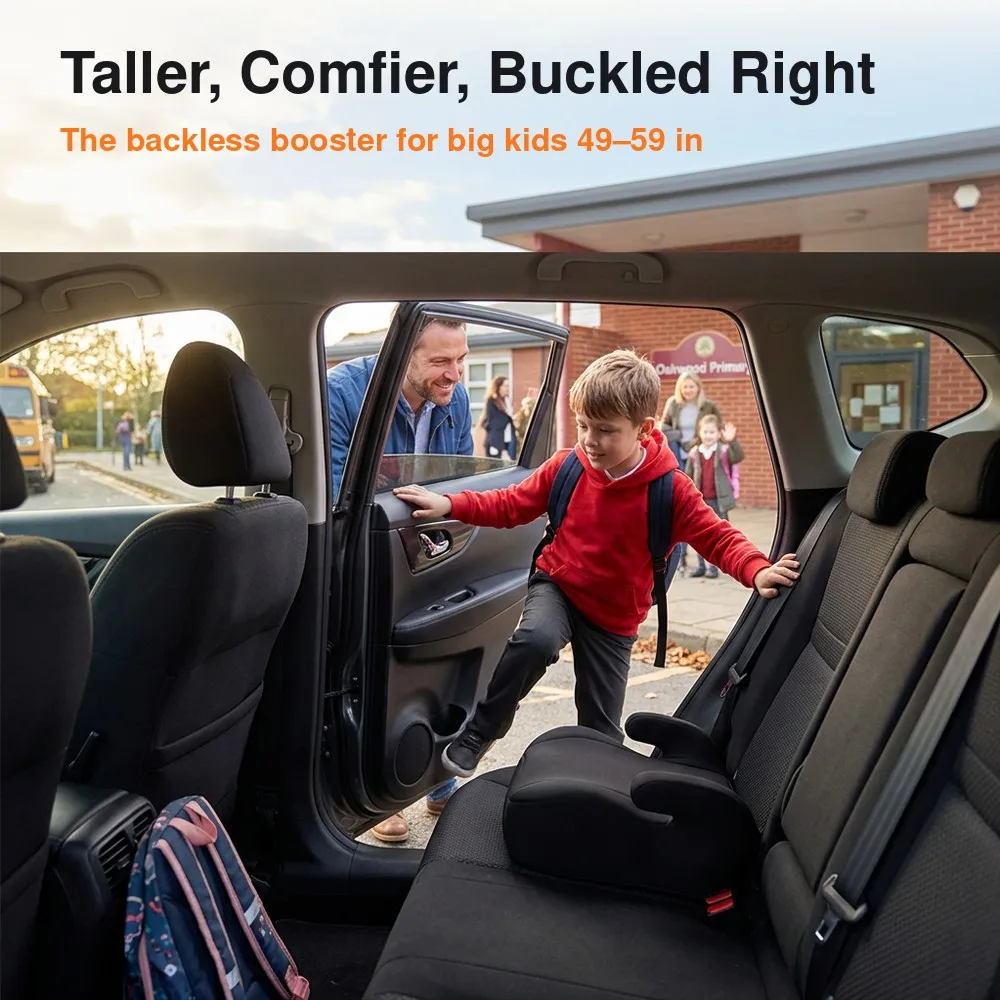 Backless Booster Seat for Car, Big Kids 49-59 in Tall, Lightweight Portable Belt-Positioning Booster Cushion, Ages 7-12, Black