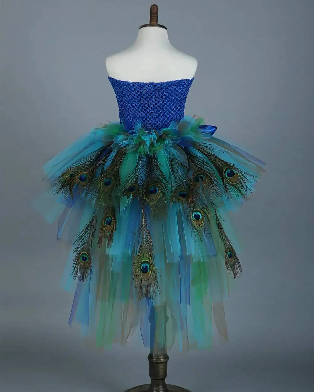 Fluffy Layered Peacock Feathers Clothing for Girls Birthday Halloween Outfit with Long Tail for Kids High Low Princess Dresses