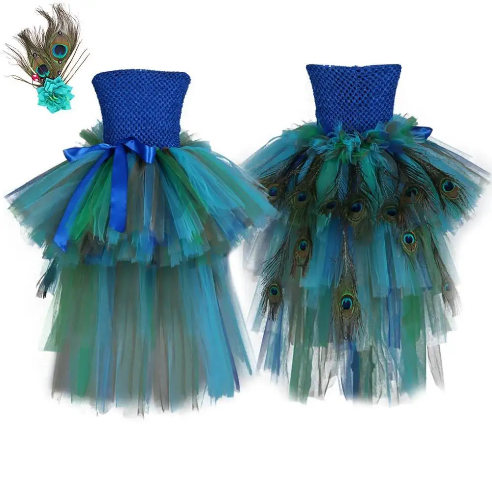 Fluffy Layered Peacock Feathers Clothing for Girls Birthday Halloween Outfit with Long Tail for Kids High Low Princess Dresses