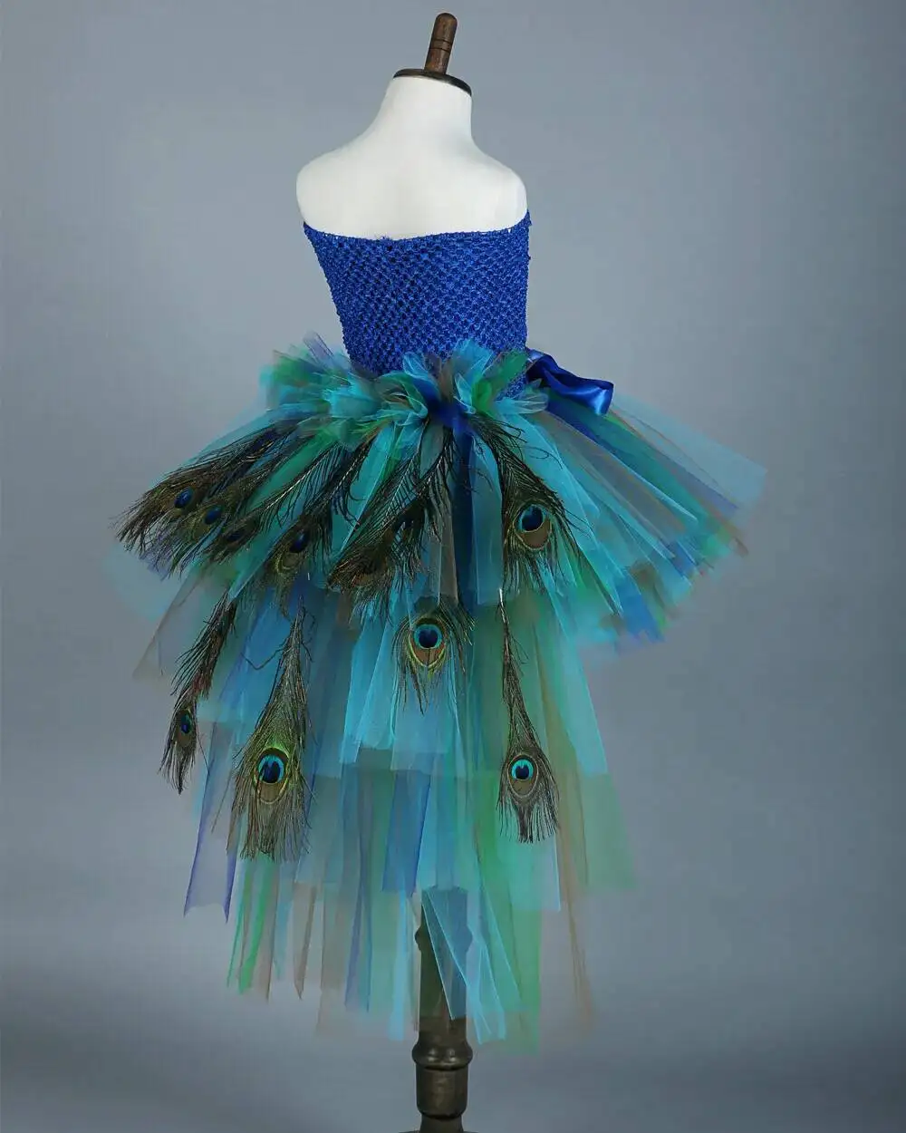 Fluffy Layered Peacock Feathers Clothing for Girls Birthday Halloween Outfit with Long Tail for Kids High Low Princess Dresses