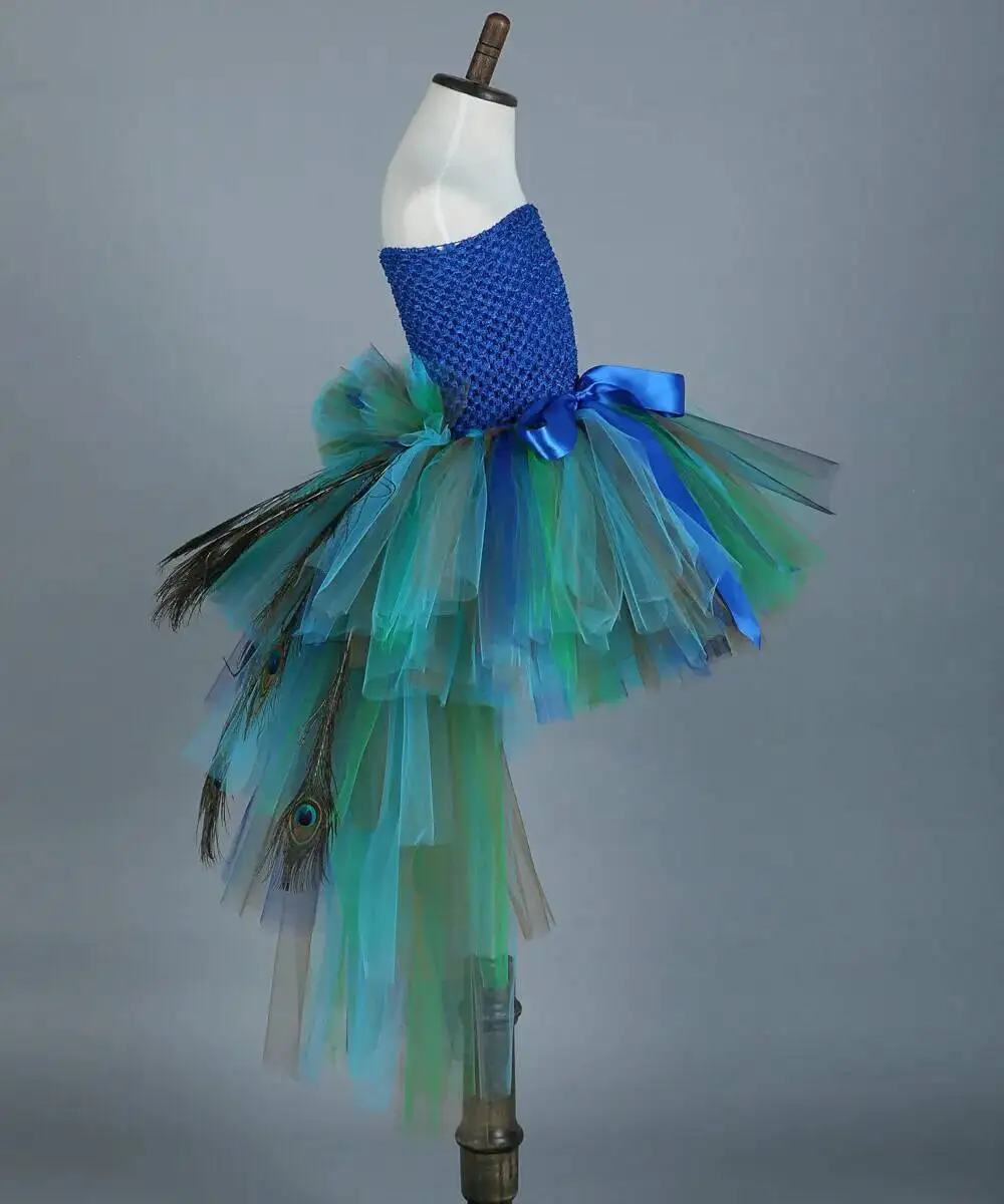 Fluffy Layered Peacock Feathers Clothing for Girls Birthday Halloween Outfit with Long Tail for Kids High Low Princess Dresses