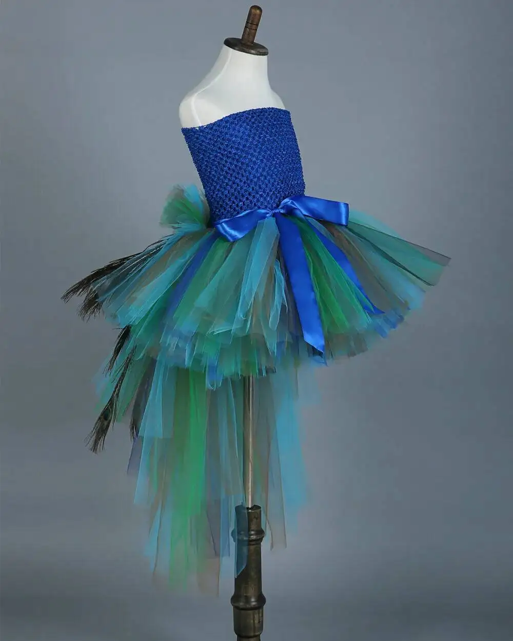 Fluffy Layered Peacock Feathers Clothing for Girls Birthday Halloween Outfit with Long Tail for Kids High Low Princess Dresses