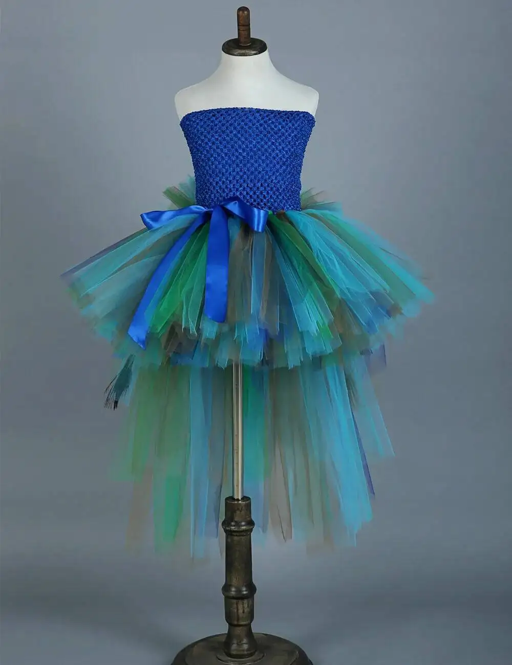 Fluffy Layered Peacock Feathers Clothing for Girls Birthday Halloween Outfit with Long Tail for Kids High Low Princess Dresses