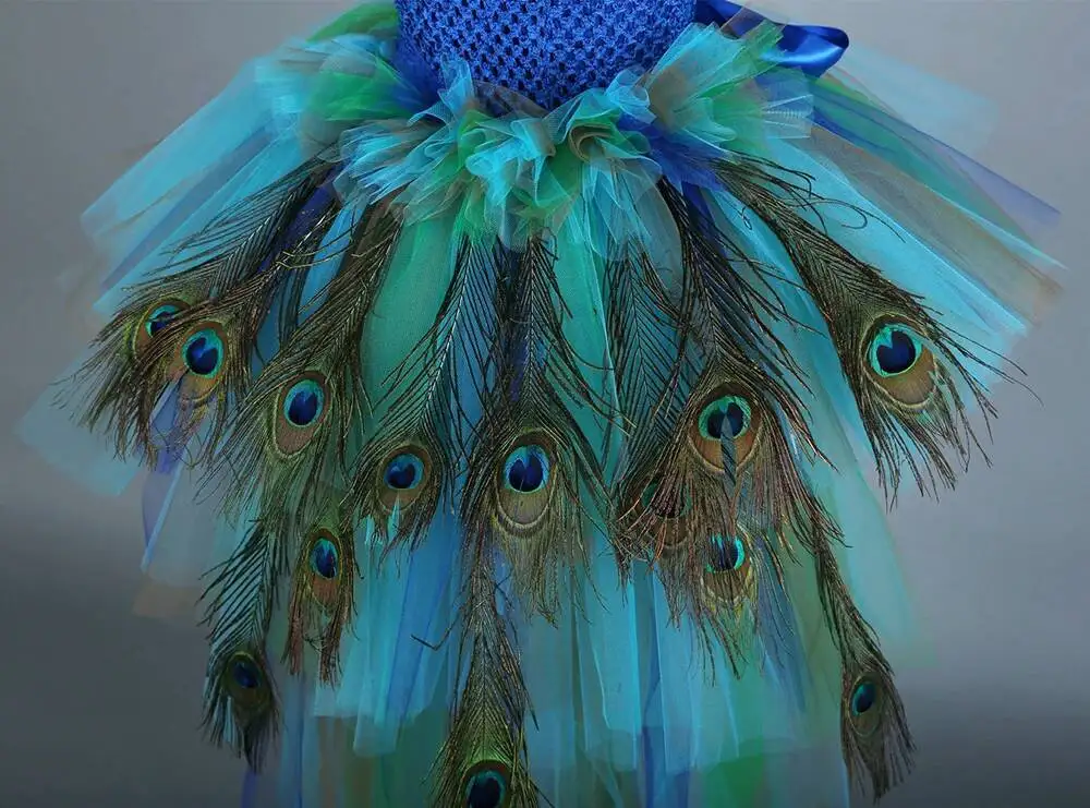 Fluffy Layered Peacock Feathers Clothing for Girls Birthday Halloween Outfit with Long Tail for Kids High Low Princess Dresses