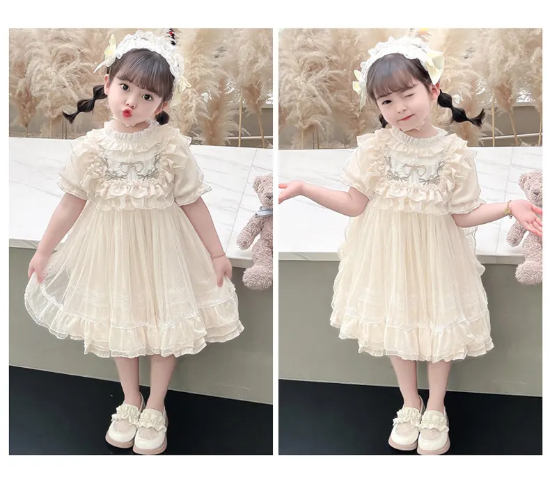 Baby Girls Lolita Princess Dress Kids 2026 Summer New Short Puff Sleeve Chic Embroidery Lace Collar Ruffle Trim Tulle Tutu Gown