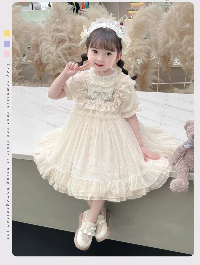 Baby Girls Lolita Princess Dress Kids 2026 Summer New Short Puff Sleeve Chic Embroidery Lace Collar Ruffle Trim Tulle Tutu Gown