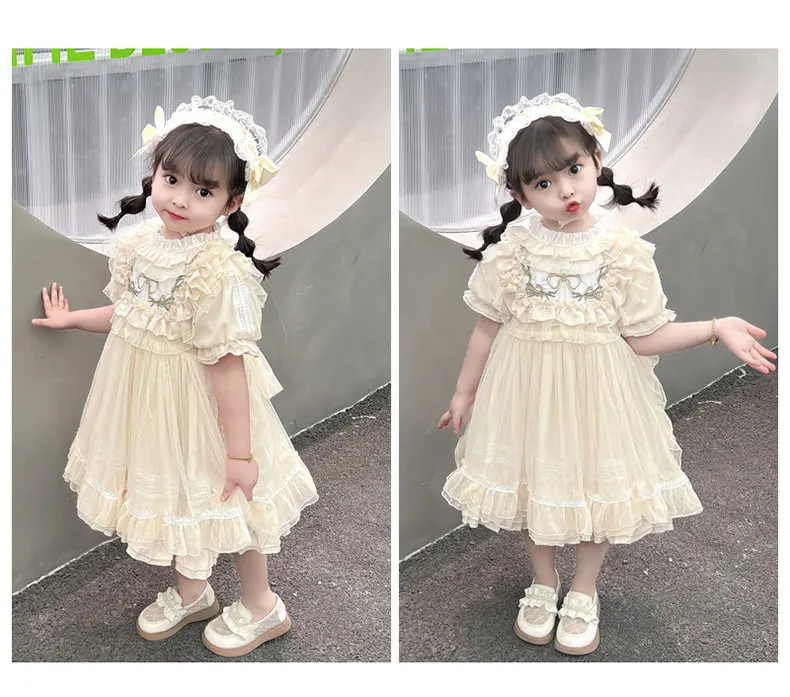 Baby Girls Lolita Princess Dress Kids 2026 Summer New Short Puff Sleeve Chic Embroidery Lace Collar Ruffle Trim Tulle Tutu Gown