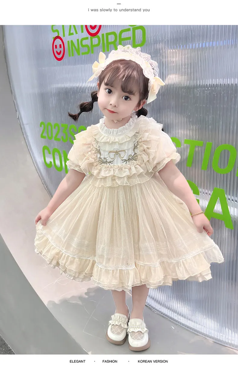 Baby Girls Lolita Princess Dress Kids 2026 Summer New Short Puff Sleeve Chic Embroidery Lace Collar Ruffle Trim Tulle Tutu Gown