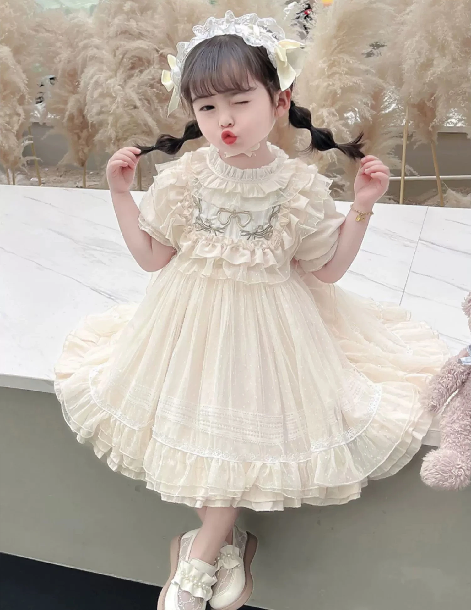 Baby Girls Lolita Princess Dress Kids 2026 Summer New Short Puff Sleeve Chic Embroidery Lace Collar Ruffle Trim Tulle Tutu Gown